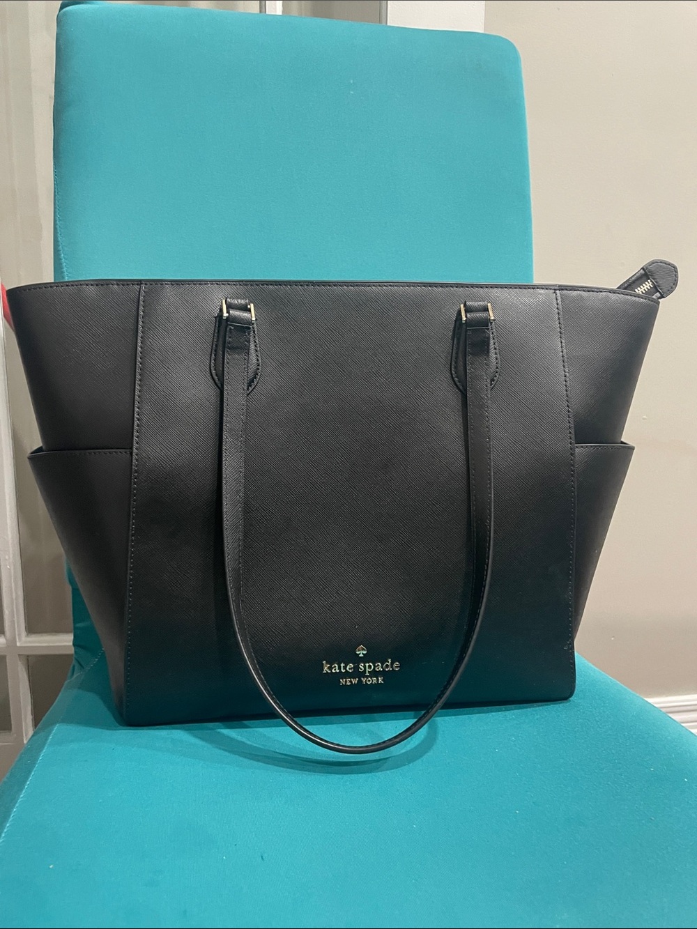 kate spade Black Saffiano Leather Tote with Gold Logo